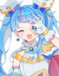  1girl absurdres ahoge asymmetrical_bangs blue_bow blue_cape blue_corset blue_eyes blue_hair blunt_bangs blush_stickers bow bracelet cape collared_shirt commentary corset crescent crescent_earrings cure_sky detached_sleeves dot_nose earrings epaulettes eyelashes fingerless_gloves gloves gold_bracelet hair_bow hair_ornament halftone halter_shirt halterneck happy heart heart_hair_ornament high_collar highres hirogaru_sky!_precure jewelry long_hair loose_hair_strand magical_girl multicolored_hair ok_sign ok_sign_over_eye one_eye_closed open_mouth pink_hair precure puffy_short_sleeves puffy_sleeves qianwa_shi_biao red_cape shirt short_sleeves side_cape simple_background single_bare_shoulder single_epaulette single_sidelock smile solo sora_harewataru streaked_hair twintails two-sided_cape two-sided_fabric two-tone_hair upper_body vertical-striped_sleeves very_long_hair white_background white_gloves white_shirt white_sleeves wing_hair_ornament 