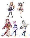  5girls artbook black_hair blue_eyes brown_hair emma_verde fingerless_gloves flower gloves green_hair grey_eyes hair_bun hair_flower hair_ornament hat highres japanese_clothes kimono konoe_kanata long_hair looking_at_viewer love_live! love_live!_nijigasaki_high_school_idol_club mifune_shioriko mini_hat mini_top_hat multiple_girls navel non-web_source official_art one_eye_closed pink_hair purple_eyes red_eyes rina-chan_board short_hair skirt smile suspenders tennoji_rina thighhighs top_hat yuki_setsuna 