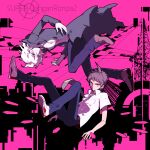  2boys ahoge blue_pants brown_eyes brown_hair brown_necktie brown_shoes building bullet copyright_name danganronpa_(series) danganronpa_2:_goodbye_despair dress_shirt facing_another grey_eyes grey_jacket high_contrast hinata_hajime jacket komaeda_nagito liusang looking_at_viewer looking_to_the_side loose_necktie male_focus midair multiple_boys necktie open_clothes open_jacket oversized_jacket pants pink_background shell_casing shirt shoes utility_pole wallet_chain wavy_hair white_hair white_shirt white_shoes 