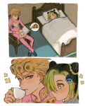  1boy 1girl absurdres aged_down aoiro0401 black_hair blonde_hair braid bun_with_braided_base child double_bun earrings giorno_giovanna green_eyes green_hair hair_bun highres in-franchise_crossover jacket jewelry jojo_no_kimyou_na_bouken kujo_jolyne long_hair multicolored_hair on_bed sleeping smile stone_ocean two-tone_hair vento_aureo victory_rolls 