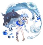  1girl :d absurdres alternate_costume anchor_ornament bboggumbob black_gloves blue_eyes blue_hair blue_innertube blue_skirt bow bow_hairband brown_slippers cauldron curly_eyebrows finger_to_mouth full_body gloves hairband hand_on_own_hip hand_up highres leaning_forward legs_apart leotard looking_at_viewer miniskirt open_mouth pigeon-toed see-through_clothes see-through_leotard skirt slippers smile solo standing tropical_fish water white_background white_bow wuthering_waves youhu_(wuthering_waves) 
