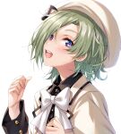  1girl blonde_hair blush bow bowtie commentary_request future_parade_(love_live!) hair_ornament hat jacket long_sleeves looking_at_viewer love_live! love_live!_nijigasaki_high_school_idol_club mia_taylor musical_note musical_note_hair_ornament open_mouth purple_eyes short_hair smile solo teeth upper_teeth_only wakui_tomo white_background white_bow white_bowtie white_jacket 