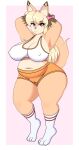 absurd_res anthro big_breasts big_butt blonde_hair bottomwear breasts brown_body brown_fur butt camel_toe canid canine clothing dipstick_ears dipstick_limbs dipstick_tail ear_markings ear_piercing ear_ring eyeshadow female footwear fox fur hair hands_behind_head hi_res kotone_(zelripheth) looking_at_viewer makeup mammal markings multicolored_body multicolored_ears multicolored_fur navel nipple_outline orange_body orange_fur piercing red_eyeshadow ring_piercing shirt shorts simple_background slightly_chubby slightly_chubby_female socks solo tail tail_markings tank_top topwear two_tone_body two_tone_fur vulva wide_hips yellow_body yellow_fur zelripheth