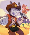 1boy absurdres ant_tenna artist_name black_pants brown_hat brown_vest cactus chaps cloud colliholly commentary cowboy cowboy_hat deltarune desert english_commentary gloves gun hat highres holding holding_gun holding_weapon male_focus outdoors pants pointing pointing_at_viewer pointy_nose shirt shirt_tucked_in sky smile solo star_(symbol) teeth upper_teeth_only vest weapon white_gloves white_shirt 