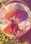  1girl 1other absurdres alternate_costume androgynous animal_hat black_gloves boots brown_boots brown_coat brown_eyes brown_hat brown_vest buttons car cat_hat closed_mouth coat colored_sclera commentary detective english_commentary fisheye fox gloves hat highres holding holding_magnifying_glass long_sleeves magnifying_glass medium_hair motor_vehicle niko_(oneshot) oneshot_(game) other_focus outdoors purple_hair rue_(oneshot) shadches72 smile standing vest white_car yellow_sclera 