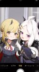  2girls :3 :d absurdres ahoge belt black_belt black_coat blonde_hair blue_archive blurry bow bowtie coat coat_on_shoulders collared_shirt commentary_request cowboy_shot demon_girl demon_horns depth_of_field dress fake_screenshot forehead fur-trimmed_coat fur_trim hair_between_eyes head_tilt highres hijo_(nakare2845) hina_(blue_archive) horns ibuki_(blue_archive) indoors long_hair long_sleeves looking_at_viewer military_uniform multiple_girls open_clothes open_coat parted_bangs pinafore_dress pointy_ears purple_eyes red_bow red_bowtie sam_browne_belt school_uniform shirt sidelocks sleeveless sleeveless_dress smile translation_request viewfinder wavy_mouth white_hair white_shirt yellow_eyes 