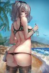  absurdres anchor ass back bangs beach bead_bracelet beads beret bikini binoculars bird black_hat black_legwear blue_eyes blurry bottle bracelet breasts butt_crack cameltoe cowboy_shot ctrlz77 day depth_of_field eyelashes from_behind grey_hair hair_ornament hat highres holding jewelry kantai_collection kashima_(kantai_collection) large_breasts looking_at_viewer looking_back micro_bikini ocean outdoors palm_tree parted_lips pink_lips ramune shade shiny shiny_skin silver_hair skindentation sky solo standing striped swimsuit thighhighs tree twintails water 