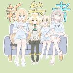  4girls ahoge alternate_costume barefoot black_bow black_pantyhose blue_eyes blush bow braid closed_mouth commentary_request couch dress fate/grand_order fate_(series) hair_bow height_difference jeanne_d'arc_(fate) jeanne_d'arc_alter_(fate) jeanne_d'arc_alter_santa_lily_(fate) long_hair long_sleeves looking_at_another looking_to_the_side metatron_jeanne_(fate) metatron_jeanne_(third_ascension)_(fate) multiple_girls notonaon on_couch open_mouth own_hands_together pantyhose shirt shoes short_hair short_sleeves sitting smile socks toes very_long_hair white_dress white_shirt white_shoes white_socks yellow_eyes 