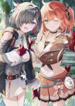  2girls absurdres ahoge atelier_(series) atelier_yumia black_hair clothing_cutout gloves green_eyes highres humime isla_von_duerer jacket looking_at_viewer midriff multiple_girls one_eye_closed open_mouth orange_hair purple_eyes red_gloves red_streaks shoulder_cutout side_ponytail skirt smile stuffed_toy yumia_liessfeldt 