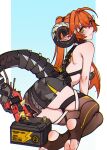  1girl artist_name ass bare_shoulders blue_background blush breasts car_battery commentary cyborg dragon_girl dragon_horns electricity english_commentary feet green_eyes highres horns long_hair looking_at_viewer mechanical_tail medium_breasts orange_hair orange_pupils orpheus_(zenless_zone_zero) pointy_ears ponytail shinbun_n smile solo stirrup_legwear tail thighhighs toeless_legwear two-tone_background white_background zenless_zone_zero 