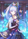  1girl absurdres armor blue_butterfly blue_eyes blue_flower blue_hair blue_shirt blue_skirt blunt_bangs breastplate bug butterfly flower folding_fan genshin_impact glowing_butterfly glowing_flower hand_fan hand_up highres holding holding_fan japanese_armor japanese_clothes kamisato_ayaka long_hair looking_at_viewer oriane ponytail shirt skirt smile solo torii upper_body 