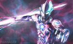  1boy alien armor artist_name asymmetrical_arms asymmetrical_horns blue_horns blue_skin blue_stripes claw_pose color_timer colored_skin commentary compound_eyes crystal dorsal_fin energy energy_spear energy_weapon foreshortening glowing glowing_crystal glowing_eyes glowing_horns glowing_weapon grey_skin hannaee9 highres holding holding_polearm holding_weapon horns javelin_(spear) looking_down male_focus multicolored_skin outstretched_arm pectorals polearm red_skin red_stripes shoulder_armor shoulder_pads silver_armor silver_skin solo spear tokusatsu ultra_series ultraman_blazar ultraman_blazar_(series) weapon white_eyes 