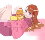  1girl animal asymmetrical_bangs bird brown_hair chou_haijin_chiyo commentary earrings from_side highres hijiri_ageha hirogaru_sky!_precure holding holding_animal hood hood_down hoodie jacket jewelry knees_up long_hair long_hoodie looking_at_viewer lying on_back open_mouth pink_hoodie pink_jacket precure purple_eyes smile solo stud_earrings white_background yuunagi_tsubasa yuunagi_tsubasa_(bird) 