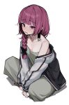  1girl black_nails blush bocchi_the_rock! braid breasts commentary downblouse dress earrings flying_sweatdrops geta green_dress hiroi_kikuri hodo100s jacket jewelry long_hair looking_at_viewer parted_lips purple_eyes purple_hair shadow simple_background single_bare_shoulder single_braid small_breasts solo squatting sweat white_background white_jacket 