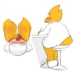 1:1 2025 3_toes alphys anthro blush desk feet female feral foot_fetish foot_lick foot_on_face foot_play furniture human licking male male/female mammal reptile saliva_on_foot scalie simple_background sitting_on_stool stool table toes tongue tongue_out under_table undertale undertale_(series) white_background zalbox34