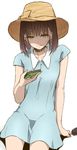  bangs blue_dress brown_hair cellphone character_request copyright_request dress food haine hat highres looking_at_phone phone popsicle short_sleeves simple_background sitting smartphone smile solo sun_hat white_background yellow_eyes 