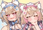  2girls :3 =_= alternate_costume animal_ears bandaid bandaid_hair_ornament blonde_hair blue_hair closed_mouth dog_ears dog_girl dog_tail fang fuwawa_abyssgard hair_ornament hairpin highres hololive hololive_english jacket kukie-nyan long_hair looking_at_viewer mococo_abyssgard multicolored_hair multiple_girls open_mouth pink_eyes pink_hair scratching_chin short_hair siblings sisters skin_fang smile streaked_hair tail thumbs_up twins very_long_hair virtual_youtuber white_jacket x_hair_ornament 