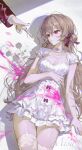  1girl aegyo_sal blood blood_on_clothes blood_on_ground blood_splatter bow breasts brown_hair cleavage detached_sleeves different_shadow double-parted_bangs dress drop_shadow finger_gun finger_gun_to_head flower frilled_dress frilled_sleeves frills hair_between_eyes hair_bun hair_ribbon hand_on_own_chest highres implied_injury jewelry lace lace_thighhighs long_hair lying misonyeo_s2 multiple_rings necklace on_back on_ground original out_of_frame pearl_necklace pink_blood pink_eyes red_nails red_sleeves ribbon ring rose solo thighhighs upper_body very_long_hair wedding_ring white_background 