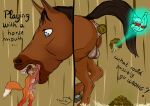 anthro anus balls blue_eyes bodily_fluids canid canine disposal duo equid equine feces feral fox genitals gums horse male male/male mammal penis raised_tail saliva tail teeth text thux thux-ei vore