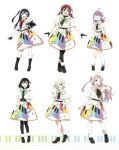  6+girls ahoge artbook black_gloves black_hair black_pantyhose blonde_hair blue_eyes boots bow brown_hair dress emma_verde full_body gloves green_hair green_ribbon grey_eyes grey_ribbon hair_over_one_eye highres long_hair looking_at_viewer love_live! love_live!_nijigasaki_high_school_idol_club low_twintails mia_taylor mifune_shioriko mole multiple_girls musical_note non-web_source official_art one_eye_closed one_side_up pantyhose pink_hair pink_ribbon red_eyes red_ribbon ribbon short_hair smile standing tennoji_rina twintails white_pantyhose yuki_setsuna zhong_lanzhu 