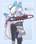  1girl animal_ears belt black_shirt black_thighhighs blue_bow blue_gloves blue_necktie blue_skin blush bow bow_legwear brown_belt collared_shirt colored_skin cowboy_shot extra_ears fingerless_gloves fox_ears fox_girl fox_tail fur_trim ginkaku_(kemono_friends) gloves gourd hair_tubes highres horns kemono_friends long_sleeves looking_at_viewer necktie pleated_skirt quad_tails shirt shoes short_hair short_twintails single_horn skirt solo sorairo_meronpan standing standing_on_one_leg tail thighhighs translated twintails whip white_fur white_hair white_shoes white_skirt yellow_eyes zettai_ryouiki 