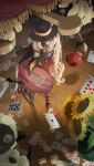  1girl ace_(playing_card) ace_of_clubs animal artist_name asymmetrical_hair bat_ornament black_hat black_stripes card closed_mouth club_(shape) commentary_request control_bar curtains diamond_(shape) dolce_(rune_factory) doll_joints dress expressionless floating flower fringe_trim from_above full_body fusion grey_eyes hair_half_undone hat heart highres joints leg_up looking_at_viewer marionetta_(rune_factory) marionette medium_dress mokomoko_(rune_factory) pantyhose partially_shaded_face pink_hair playing_card pointy_shoes pomme_pomme_(rune_factory) puppet puppet_strings red_dress red_shoes rune_factory rune_factory_4 sakura_tecco shadow sheep shoes solo spade_(shape) stage_curtains standing standing_on_one_leg striped_clothes striped_pantyhose sunflower tears top_hat twitter_username white_stripes wooden_floor 