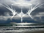  abstract absurdres beach cloud cloudy_sky floating giant giant_monster glowing halo highres keselum_(neganeura) mixed_media monster monster_focus no_humans ocean original overcast photo_bashing sky waves white_halo wings 
