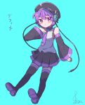  absurdres audio_jack bare_shoulders beret black_hat black_shirt black_sleeves black_thighhighs blue_hair blush boots cable closed_mouth commentary detached_sleeves eighth_note full_body hand_on_own_chest hat headphones highres light_smile long_sleeves looking_at_viewer musical_note necktie pleated_skirt purple_eyes purple_hair purple_necktie purple_trim robot_ears sasugane_watashi shirt short_hair signature skirt solo thigh_boots thighhighs translated utane_uta utau very_short_hair white_shirt 