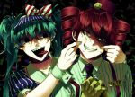  2girls androgynous aqua_hair black_background black_eyes black_necktie blue_hair bow cheek_pinching collarbone collared_dress collared_shirt confetti diagonal-striped_bow dress drill_hair flat_chest grin hair_between_eyes hands_up hashtag-only_commentary hat hat_bow hatsune_miku highres interlocked_fingers kasane_teto kepi kimiseung08 looking_at_another mesmerizer_(vocaloid) military_hat multiple_girls necktie own_hands_together pinching pinstripe_dress pinstripe_hat pinstripe_pattern puffy_short_sleeves puffy_sleeves red_bow red_eyes red_hair red_hat sailor_collar saliva shaded_face sharp_teeth shirt short_sleeves smile smiley_hat_ornament solid_circle_eyes striped_clothes striped_shirt suspenders sweat teeth tongue tongue_out twin_drills two-tone_bow upper_body utau vocaloid white_bow white_sailor_collar white_wrist_cuffs wing_collar wrist_cuffs 