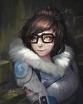  2016 arm_wrap bangs black-framed_eyewear breasts brown_hair closed_mouth coat dao dao_trong_le dated face fur_trim glasses hair_bun hair_ornament hair_stick highres large_breasts light_brown_eyes lips looking_afar mei_(overwatch) nose overwatch short_hair signature solo swept_bangs tape upper_body 