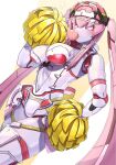  1girl breasts cheerleader cleavage colored_skin cowboy_shot hakidashi_11 long_hair medium_breasts phantasy_star phantasy_star_online_2 pink_eyes pink_hair pom_pom_(cheerleading) robot_girl simple_background solo twintails white_background white_skin yellow_background 