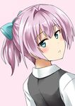  aqua_eyes bangs blush commentary_request hair_ornament highres kamelie kantai_collection looking_at_viewer looking_back pink_background pink_hair ponytail school_uniform shiranui_(kantai_collection) shirt short_hair short_ponytail simple_background solo upper_body vest white_shirt 