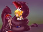  2girls blonde_hair camel_(dansen) clenched_teeth coiled eyes_closed female milia milia_wars monster_girl multiple_girls profile purple_hair topless 