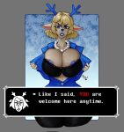 2025 2_horns anthro areola areola_slip big_breasts blazer blonde_hair blue_areola blue_eyes blue_lipstick bottomwear bra breasts carol_holiday cleavage clothed clothing deer deltarune dialogue ear_piercing english_text eyebrows eyelashes female flashing flashing_breasts gem hair hi_res horn huge_breasts jewelry lace lipstick looking_at_viewer makeup mammal mature_female necklace pants pearl_(gem) pearl_necklace piercing short_hair sindio solo teeth text text_box thick_thighs undertale_(series) underwear wide_hips