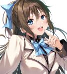  1girl blue_bow blue_bowtie blue_eyes blush bow bowtie brown_hair commentary_request finger_to_own_chin future_parade_(love_live!) hair_between_eyes hair_bow jacket long_hair looking_at_viewer love_live! love_live!_nijigasaki_high_school_idol_club open_mouth osaka_shizuku smile solo teeth upper_teeth_only wakui_tomo white_background white_jacket 
