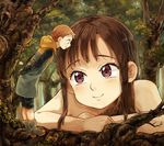  1girl awa_(12687414) blush brown_hair clothed_male_nude_female diane_(nanatsu_no_taizai) forest giantess king_(nanatsu_no_taizai) long_hair looking_at_another nanatsu_no_taizai nature nude purple_eyes short_hair smile younger 