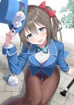  1girl absurdres blue_bow blue_bowtie blue_coat blue_hat blue_leotard bow bowtie brick_floor brown_pantyhose cane coat commentary_request flower hair_between_eyes hair_bow hat hat_flower head_tilt highres leotard long_hair long_sleeves looking_at_viewer love_live! love_live!_nijigasaki_high_school_idol_club on_floor one_side_up open_mouth osaka_shizuku pantyhose red_bow rose shirt sitting smile solo striped_clothes striped_leotard top_hat vertical-striped_clothes vertical-striped_leotard white_flower white_rose white_shirt yuu_(shampoohatslime) 