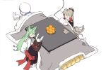  3girls :3 ahoge akashi_(azur_lane) animal_ears azur_lane black_kimono bow brown_hair cat cat_ears closed_eyes dress fake_animal_ears food fruit green_hair hair_bow hat hatski.sin high_ponytail highres japanese_clothes jean_bart_(azur_lane) kimono kotatsu long_hair mandarin_orange manjuu_(azur_lane) multiple_girls ponytail rabbit_ears red_bow ribbon sailor_collar shiranui_(azur_lane) simple_background sleeping table under_kotatsu under_table very_long_hair white_background white_dress 