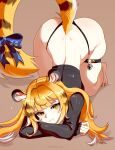  1girl absurdres animal_ear_fluff animal_ears bell black_shirt blonde_hair bottomless bow brown_background colored_inner_hair commentary crossed_arms english_commentary ev_v1l green_eyes highres jingle_bell ju_fufu long_hair long_toenails looking_at_viewer multicolored_fur multicolored_hair open_mouth orange_fur orange_nails shirt simple_background smile solo striped_fur striped_hair tail tail_bow tail_ornament thigh_strap tiger_ears tiger_girl tiger_stripes tiger_tail toenails top-down_bottom-up wide_hips zenless_zone_zero 