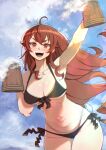  1girl ahoge beer_mug bikini black_bikini blue_sky breasts cloud cloudy_sky commentary_request cup day eris_greyrat foam_mustache highres holding holding_cup kiyo_(a_sam_ko) large_breasts long_hair looking_at_viewer mug mushoku_tensei navel open_mouth outdoors red_eyes red_hair side-tie_bikini_bottom sky solo swimsuit teeth upper_teeth_only 