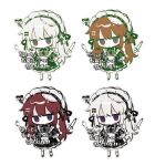  1girl apron black_bow black_dress black_ribbon blush_stickers bow braid brown_hair chibi chibi_only chinese_commentary closed_mouth color_variation commentary_request commission dress expressionless fork frilled_dress frilled_sleeves frills full_body hair_bow highres jin_fang_jintian_gu_le_ma jitome knife long_hair maid maid_headdress multicolored_hair original pale_skin puffy_short_sleeves puffy_sleeves red_eyes red_hair ribbon short_sleeves side_braid simple_background single_braid socks two-tone_hair variations watermark white_apron white_background white_bow white_hair white_socks 