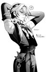  1boy anaxa_(honkai:_star_rail) anger_vein armpits cowboy_shot gloves greyscale hand_up highres honkai:_star_rail honkai_(series) male_focus monochrome ponytail retujyooo short_hair simple_background solo spoken_anger_vein sweat sweaty_armpits twitter_username white_background 