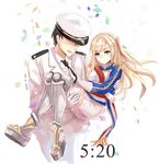  1girl 2016 admiral_(zhan_jian_shao_nyu) bangs blonde_hair blue_eyes blush boots braid carrying confetti couple crown_braid dated epaulettes faceless faceless_male gloves hetero highres long_hair necktie necktie_grab neckwear_grab one_side_up open_mouth princess_carry richelieu_(zhan_jian_shao_nyu) skirt swept_bangs thigh_boots thighhighs uniform white_gloves white_legwear white_skirt yuemanhuaikong zhan_jian_shao_nyu 