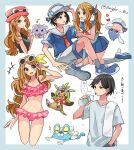  1boy 1girl bikini black_hair blonde_hair blue_eyes blue_sailor_collar blue_skirt blush bottle breasts calem_(pokemon) chespin espurr eyewear_on_head eyewear_on_headwear food frilled_bikini frills froakie grey_eyes hair_ornament hat highres holding holding_bottle holding_food holding_popsicle inkay long_hair navel necktie open_mouth pants pink_bikini pink_hat pleated_skirt pokemon pokemon_(creature) pokemon_xy popsicle rain_(tonight_862) sailor_collar sailor_hat sailor_shirt serena_(pokemon) shirt short_hair short_sleeves shorts skirt sleeveless sleeveless_shirt smile stomach sun sunglasses swimsuit towel towel_on_one_shoulder water_bottle white-framed_eyewear 