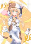  1girl animal_costume animal_ears animal_hands blonde_hair blush bright_pupils cat_costume cat_ears cat_tail closed_mouth colored_eyelashes commentary_request cosplay crossed_arms fake_animal_ears fake_tail feet_out_of_frame gloves green_eyes hair_between_eyes hair_ornament highres holding holding_stuffed_toy hood hood_up kigurumi ky446maru9 long_hair looking_at_viewer official_alternate_costume orange_background orange_ribbon pajamas paw_gloves ribbon sidelocks simple_background smile solo split_mouth stuffed_animal stuffed_cow stuffed_dinosaur stuffed_duck stuffed_toy summer_pockets tail teddy_bear tsumugi_wenders twintails x_hair_ornament yellow_ribbon 