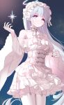  1girl bare_shoulders breasts choker corset detached_sleeves dress earrings frilled_choker frilled_dress frills garter_straps grey_hair hairband halo highres jewelry kiki-yu lolita_hairband long_hair medium_breasts nail_polish original outdoors red_eyes red_nails sky star_(sky) starry_sky thighhighs very_long_hair white_dress white_thighhighs wide_sleeves 