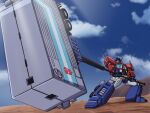 1boy autobot blue_eyes blue_sky canni_can commentary day english_commentary hammer highres holding holding_weapon humanoid_robot insignia machine machinery no_humans optimus_prime outdoors robot sky smokestack solo trailer transformers weapon wheel 