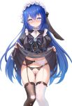  1girl absurdres ass_visible_through_thighs asymmetrical_legwear black_dress black_thighhighs blue_eyes blue_hair blush breasts chinese_commentary closed_mouth clothes_lift commentary_request dress dress_lift feet_out_of_frame garter_belt highres juliet_sleeves large_breasts lifting_own_clothes long_hair long_sleeves looking_at_viewer maid maid_headdress mismatched_legwear mismatched_thighhighs navel nose_blush original panties puffy_sleeves qian_hen simple_background smile solo thighhighs torn_clothes torn_dress underwear variant_set very_long_hair white_background white_panties white_thighhighs 