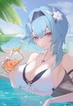 1girl absurdres alternate_costume bikini black_hairband blue_hair blue_nails blue_sky breasts cross cross_necklace cup day eula_(genshin_impact) flower genshin_impact glass hair_flower hair_ornament hairband highres holding holding_cup jewelry large_breasts looking_at_viewer nail_polish necklace outdoors parted_lips partially_submerged pisuke_(user_kcmh2774) purple_eyes signature sky solo swimsuit water white_bikini white_flower 