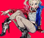 baseball_bat batman_(series) blonde_hair blue_eyes blue_hair dc_comics fishnet_pantyhose fishnets harley_quinn high_heels jacket lipstick long_hair makeup multicolored multicolored_clothes multicolored_hair multicolored_jacket pantyhose shorts sketch solo suicide_squad twintails yarawi 